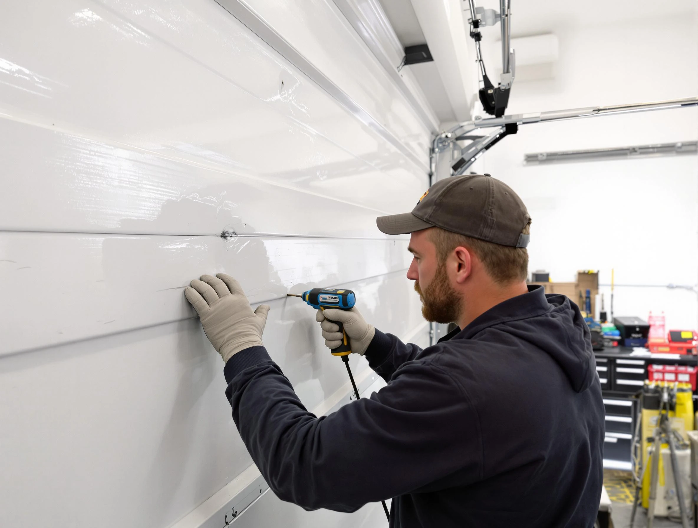 Niwot Garage Door Repair technician demonstrating precision dent removal techniques on a Niwot garage door